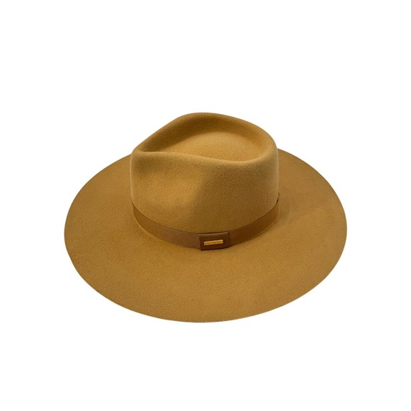Gigi Pip Raine Wide Brim Felt Fedora Hat Camel Tan Buckle Detail M/L 59 NWT - Picture 3 of 7